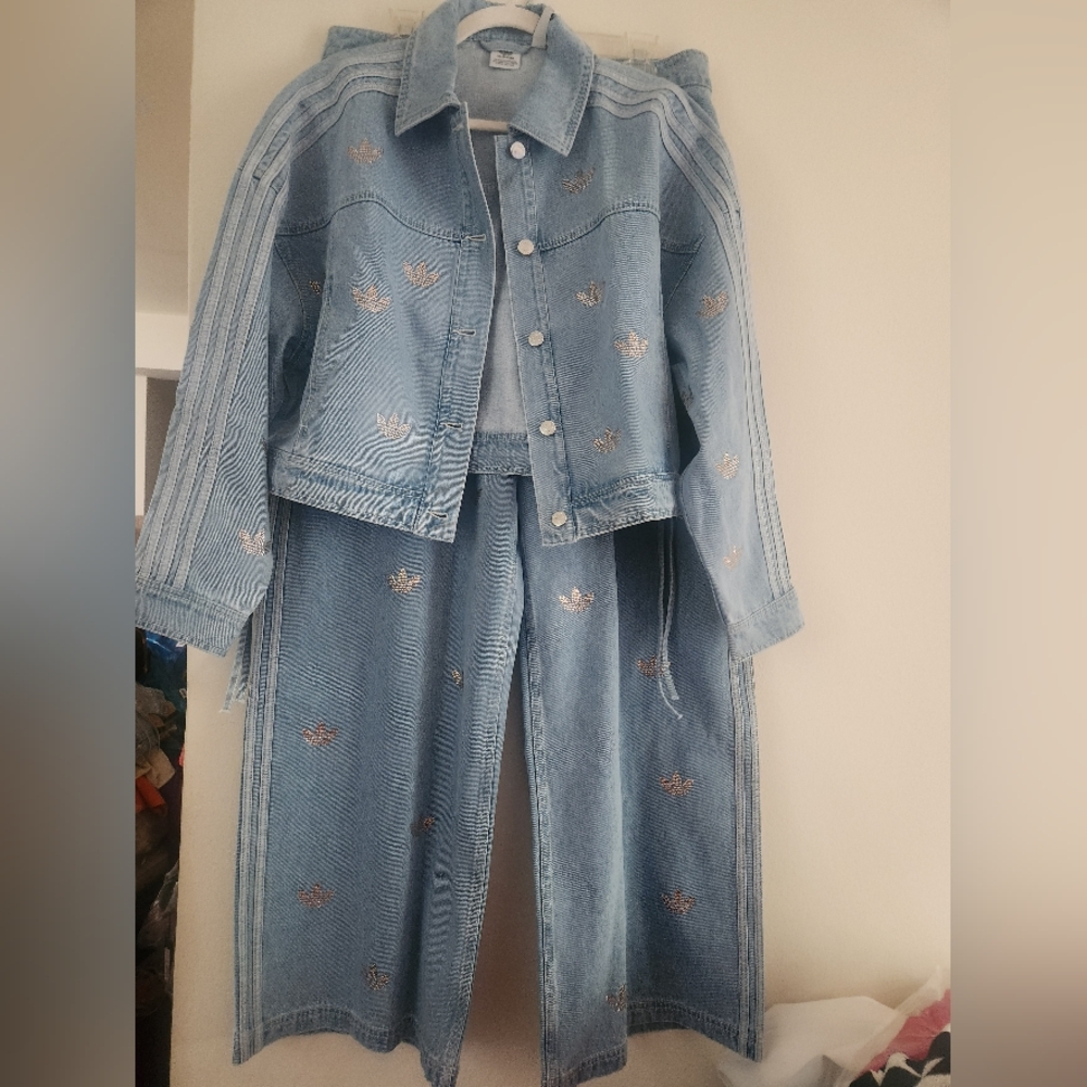 Adidas Rhinestone denim pants Glittery Logo Rhinestones Clear Blue. PANTS ONLY!! - Picture 15 of 16